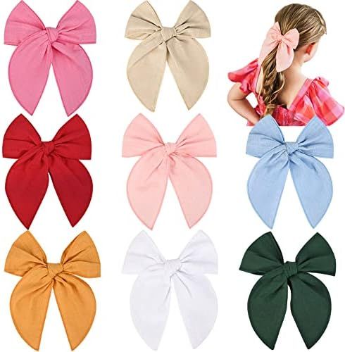 DEEKA 8 PCS Large Fable Hair Bow Cotton Linen Hair Bow for Toddlers Girls Handmade Neutral Bow Hair  | Amazon (US)
