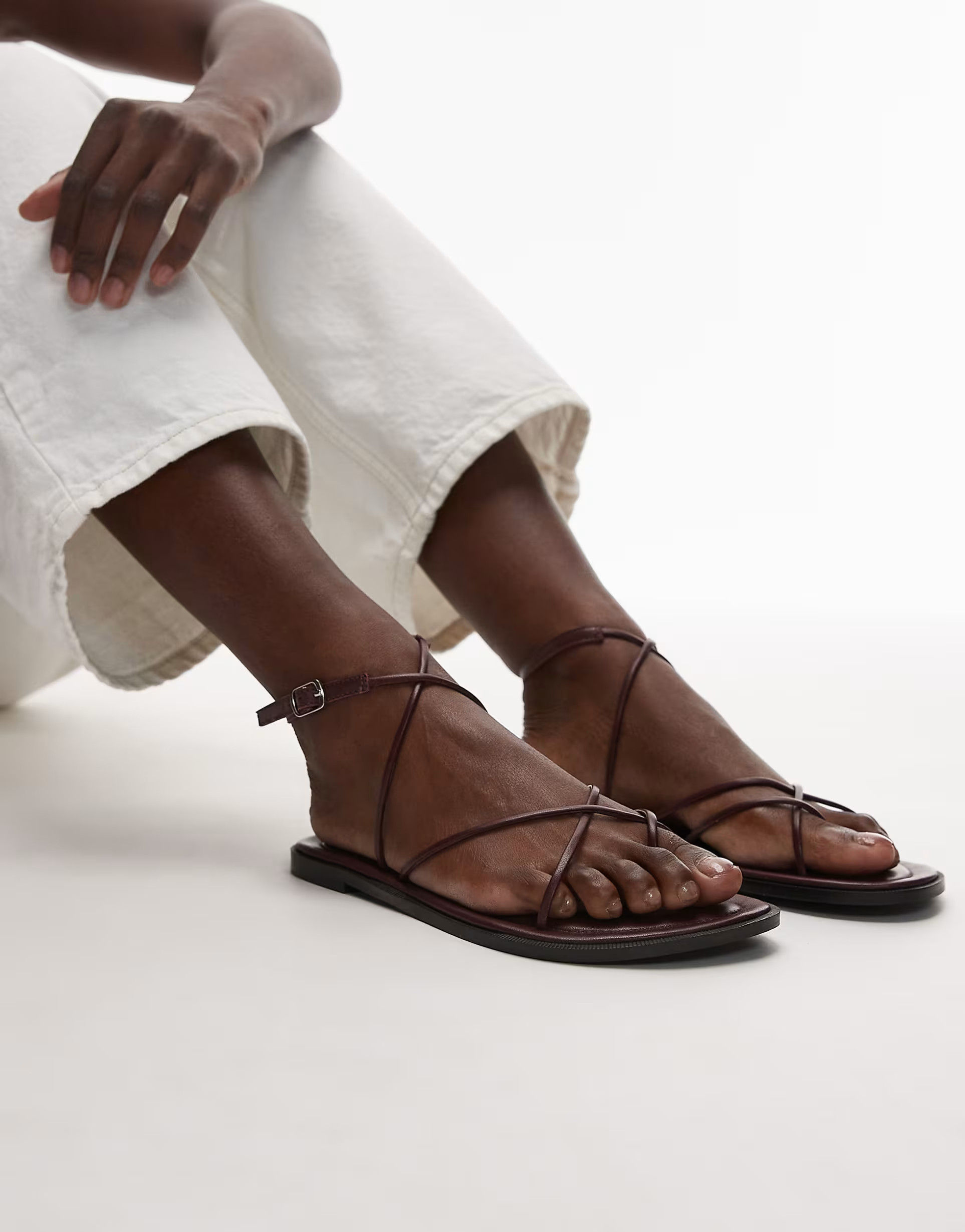 Topshop Kim real leather strappy flat sandals in burgundy | ASOS (Global)
