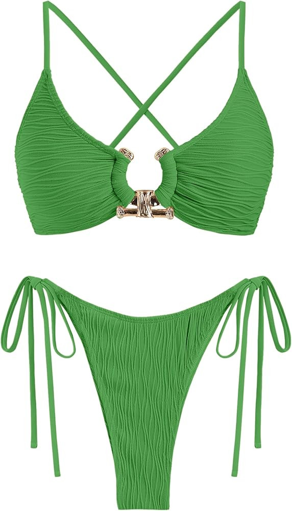 ZAFUL Women's Bikini Sets Ribbed Metal O Ring Criss Cross Two Piece Swimsuit Cheeky High Cut Side... | Amazon (US)