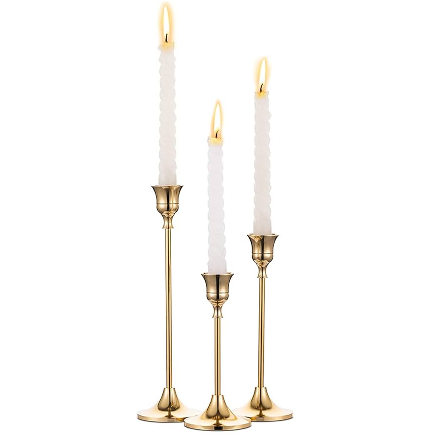 Candlestick Holders Taper Candle Holders, Set of 3 Candle Stick Holders Set, Brass Gold Candlesti... | Amazon (US)