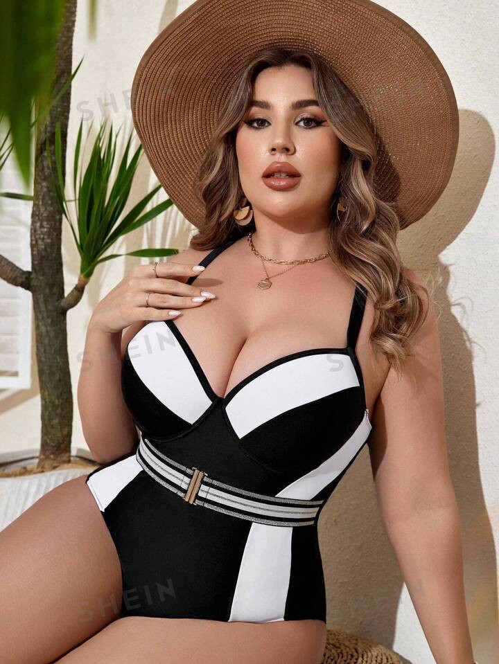 SHEIN Swim Curve Summer Beach Plus Size Color Block Hollow Out One Piece Swimsuit Music Festival | SHEIN