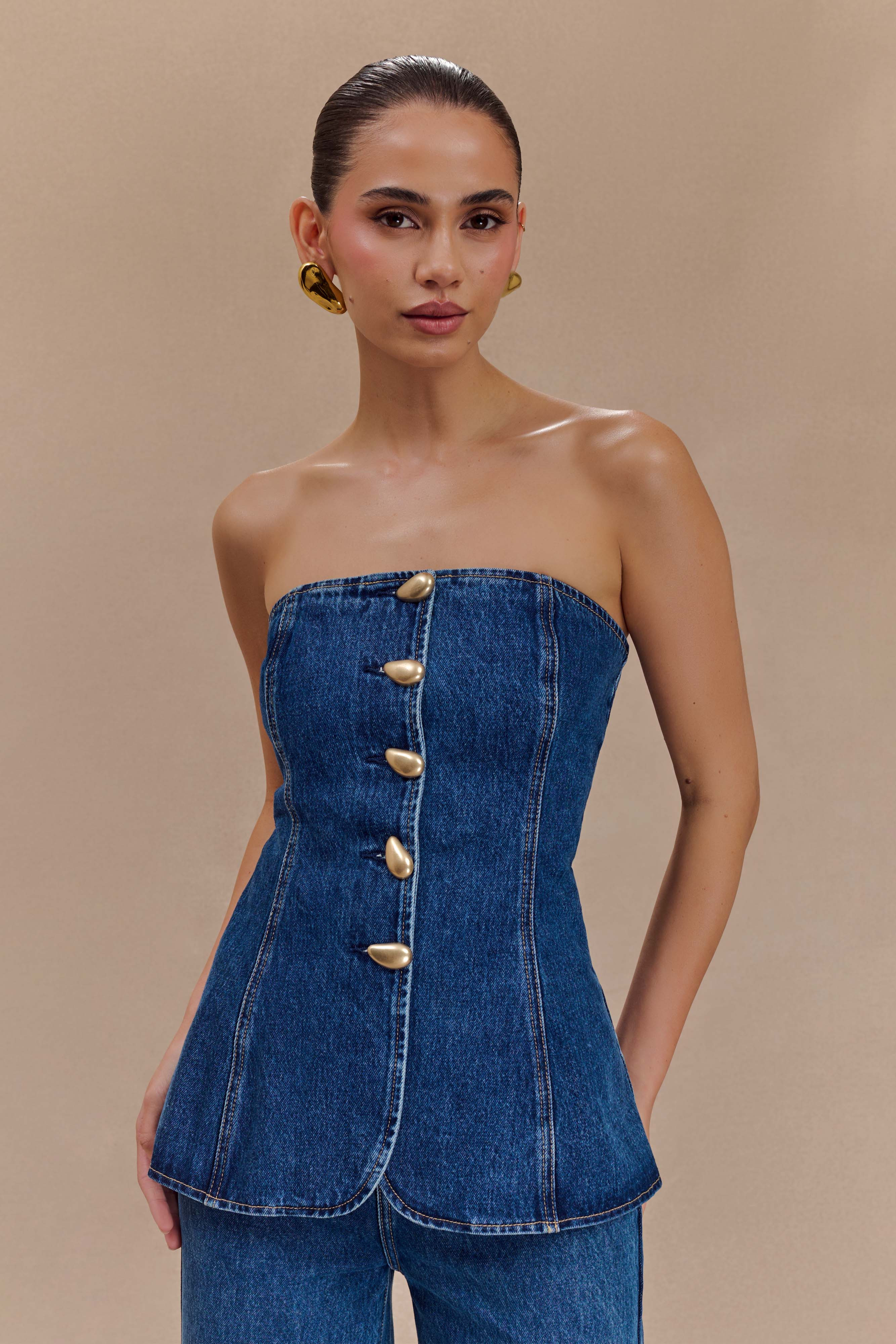 Strapless Long Line Button Top - Dark Blue | MESHKI US