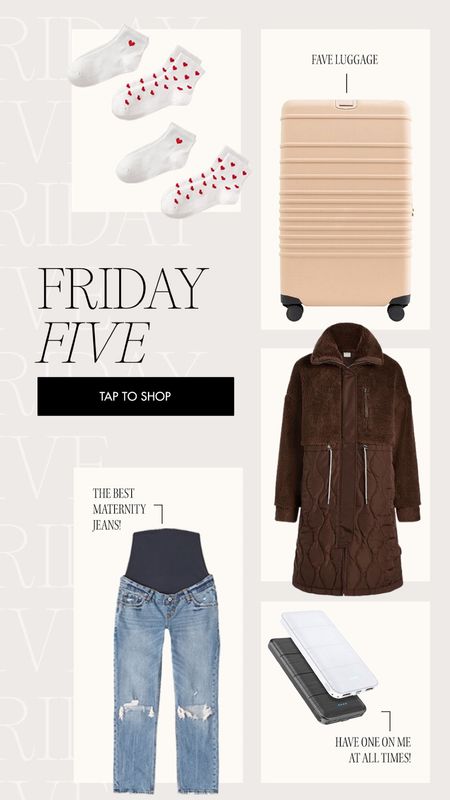 This weeks Friday Five 🖤 obsessing over these socks! They’re SO cute!!! ❤️🩷 also this jacket from Varley has been my go-to this winter and it keeps me so warm 👏🏼

Friday five, travel faves, maternity, Abercrombie jeans, Amazon finds, Valentine’s Day socks, red hearts, Beis luggage 

#LTKfindsunder50 #LTKSeasonal #LTKtravel