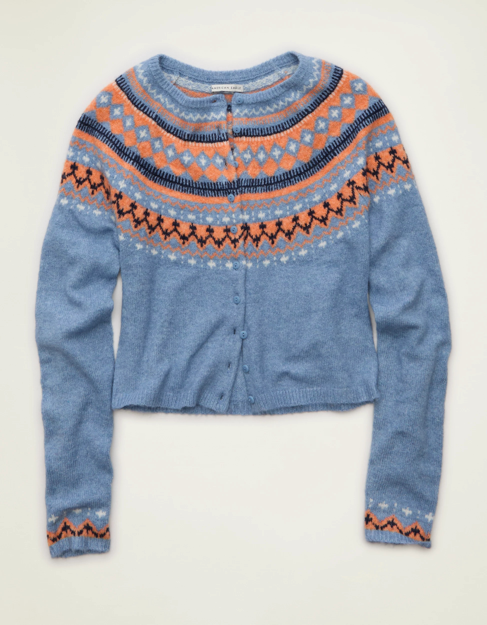 AE Whoa So Soft Shrunken Fairisle Cardigan Sweater | American Eagle Outfitters (US & CA)