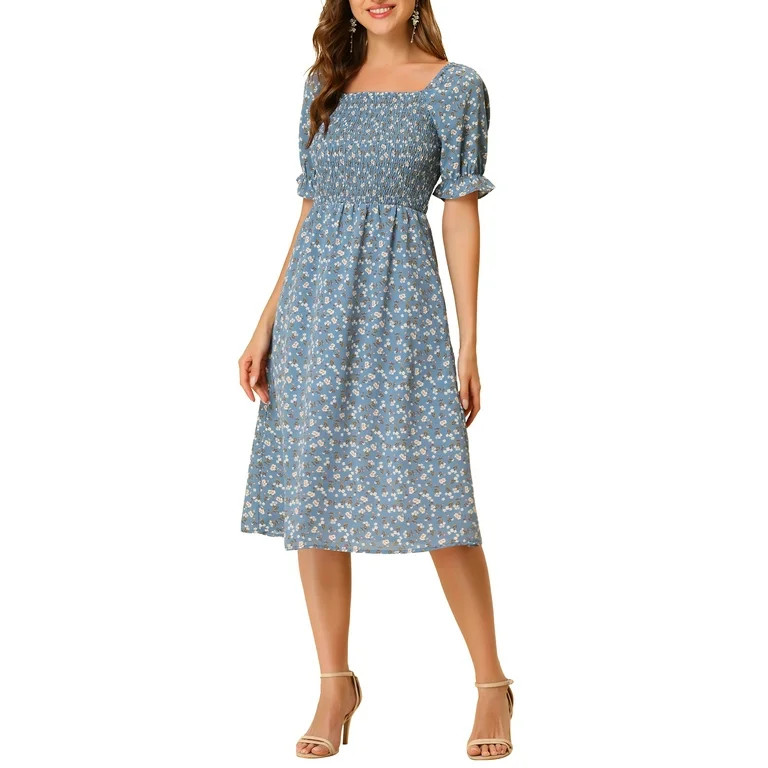 Allegra K Women's Smocked Floral Square Neck Short Puff Sleeve Summer Midi Dress | Walmart (US)