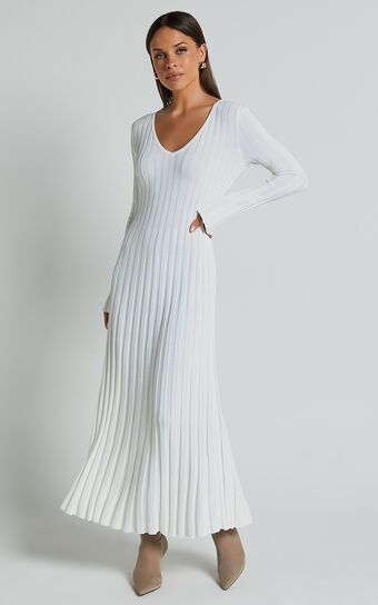 Astra Midi Dress - V Neck Long Sleeve Knit Dress in White | Showpo (ANZ)