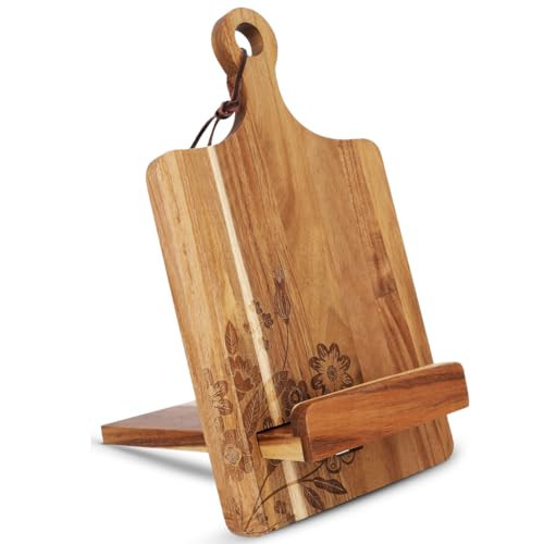 Wood Cookbook Stand for Kitchen Counter - Reversible Wooden Recipe Book Holder Stand with Cooking Measurement Conversion Card - Gift-Ready Adjustable Tablet Cook Book Holder with Charging Cable Slot | Amazon (US)