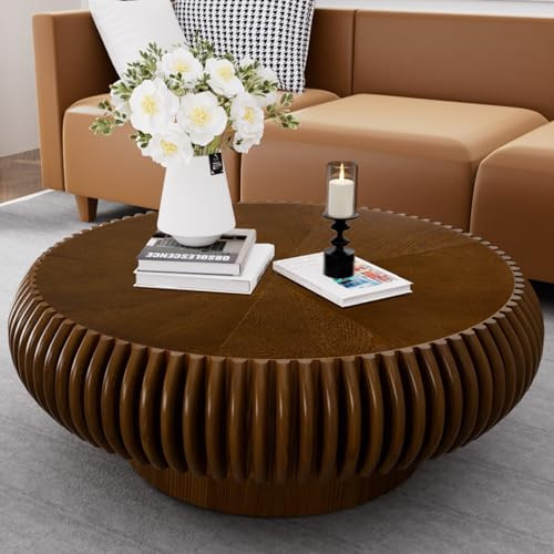 Modern Round Drum Coffee Table Handcrafted Fluted Wood Design with Sturdy Base for Living Room Bedroom Office Apartment Small Spaces Cocktail Table Center Table Easy Assembly | Amazon (US)