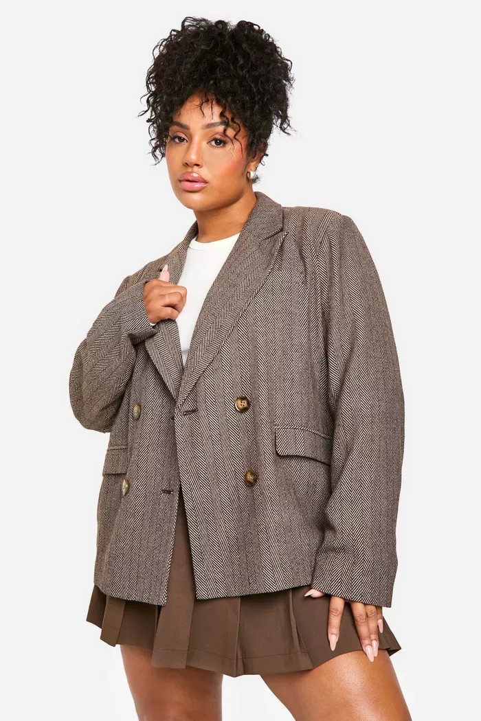 Plus Wool Look Herringbone Double Breasted Blazer | boohoo (US & Canada)