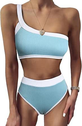 Herseas Women's High Waisted One Shoulder Swimsuits Color Block Bikini Two Piece Bathing Suits | Amazon (US)