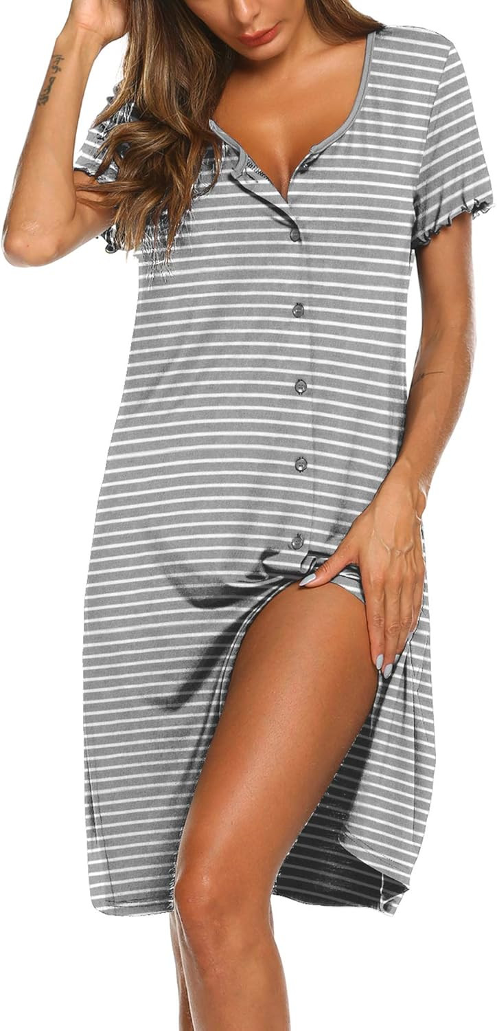 Ekouaer Women's Nightshirt Short Sleeve Button Down Nightgown V-Neck Sleepwear Pajama Dress | Amazon (US)