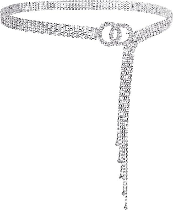 Lovful Women's Dress Belts with Full Rhinestone,Double O-Ring Sparkle Chain Waistband Belt | Amazon (US)