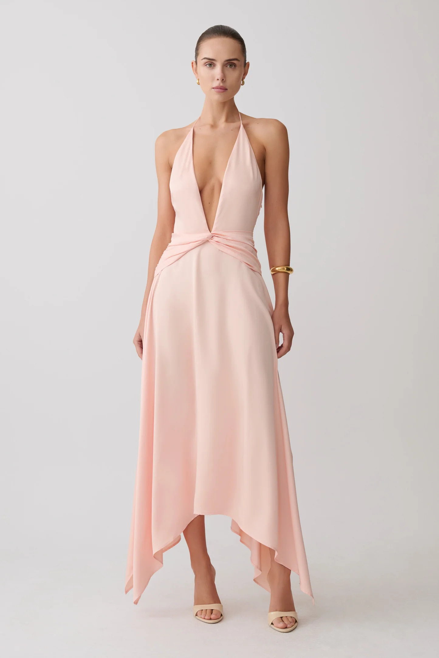 Plunge Satin Midi Dress - Peach | MESHKI US