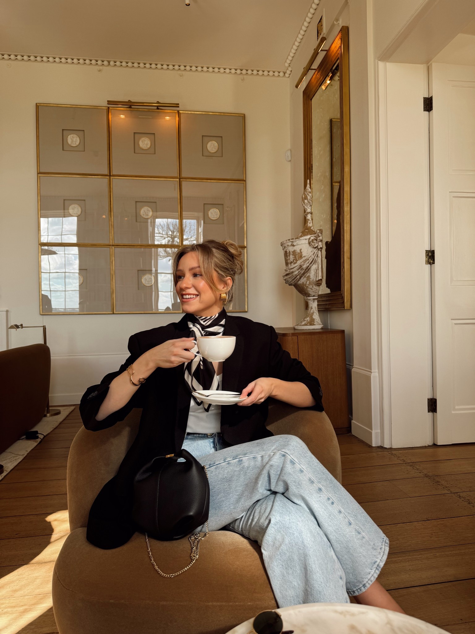 Jeans, spring outfit, silk scarf, white tshirt, black oversized blazer, round bag

#LTKstyletip #LTKspring #LTKuk