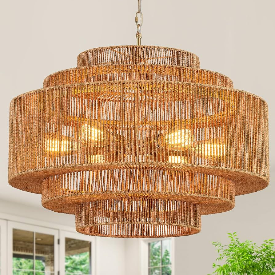 Hand-Woven Rattan Chandelier Large Boho Chandelier Living Room 25.6in Coastal 6-Light Farmhouse V... | Amazon (US)