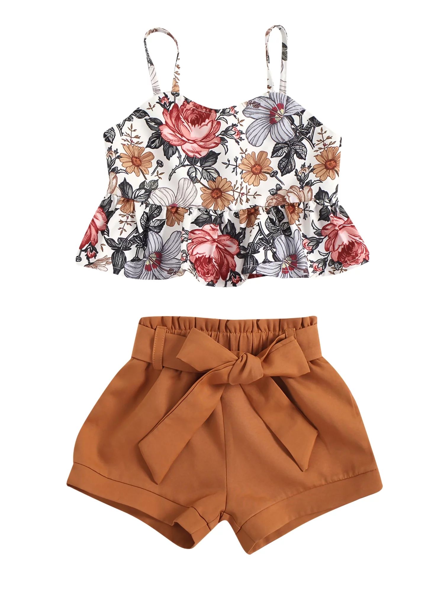 Peyakidsaa 1-6Year Kids Girls Summer Clothes Sleeveless Ruched Crop Tank Top+ Shorts Outfit - Wal... | Walmart (US)