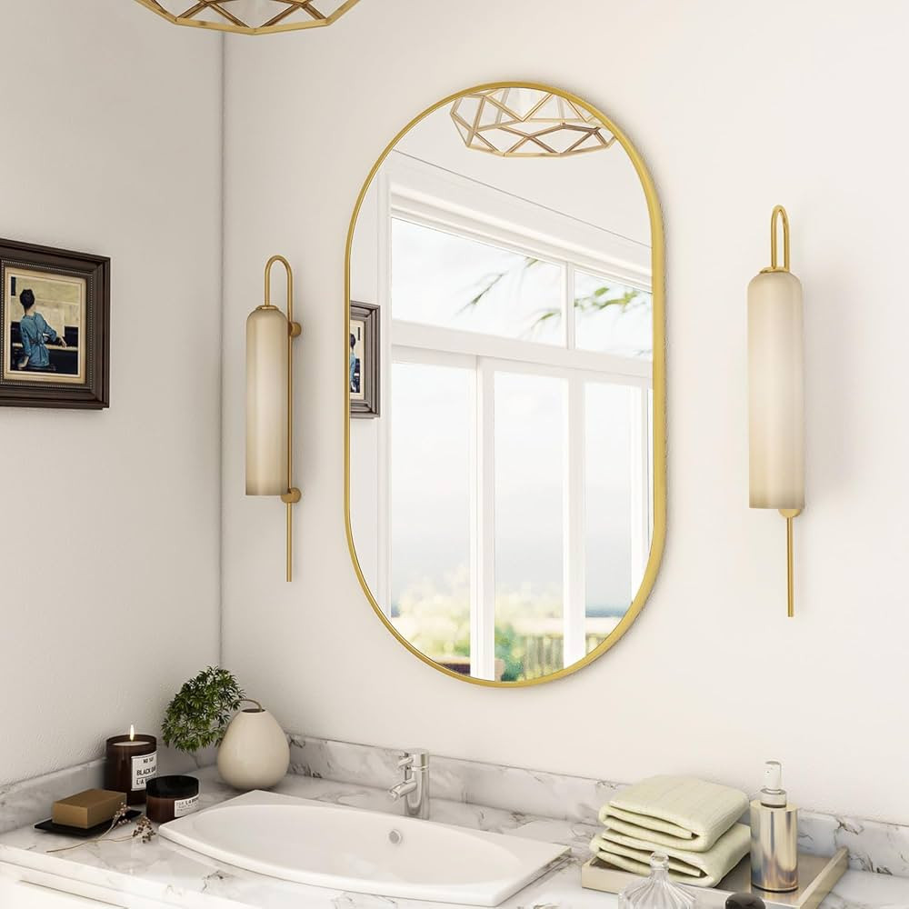 BEAUTYPEAK Wall Mounted Mirror, 17"x30" Oval Bathroom Mirror, Gold Vanity Wall Mirror w/Metal Fra... | Amazon (CA)