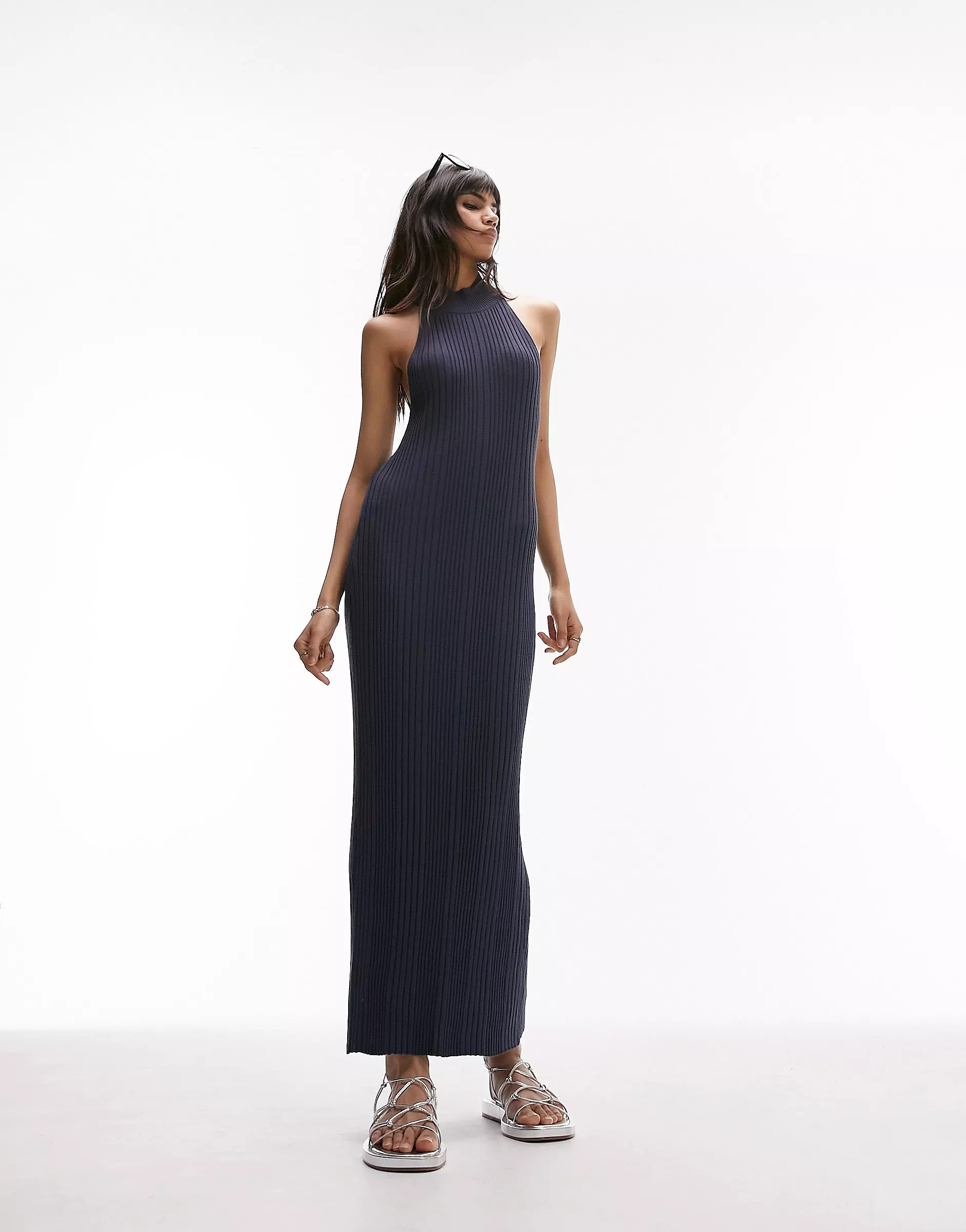 Topshop knitted halter neck ribbed midi dress in blue | ASOS (Global)