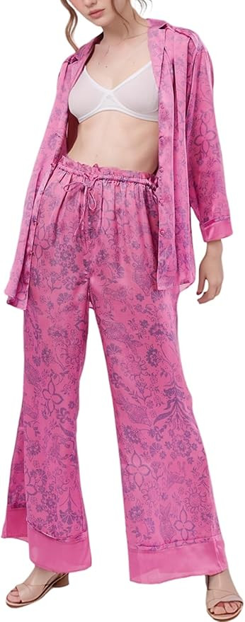 Arssm Women 2 Piece Satin Silk Pajama Set Floral Long Sleeve Pajamas Soft Button Down Pjs Set Sle... | Amazon (US)