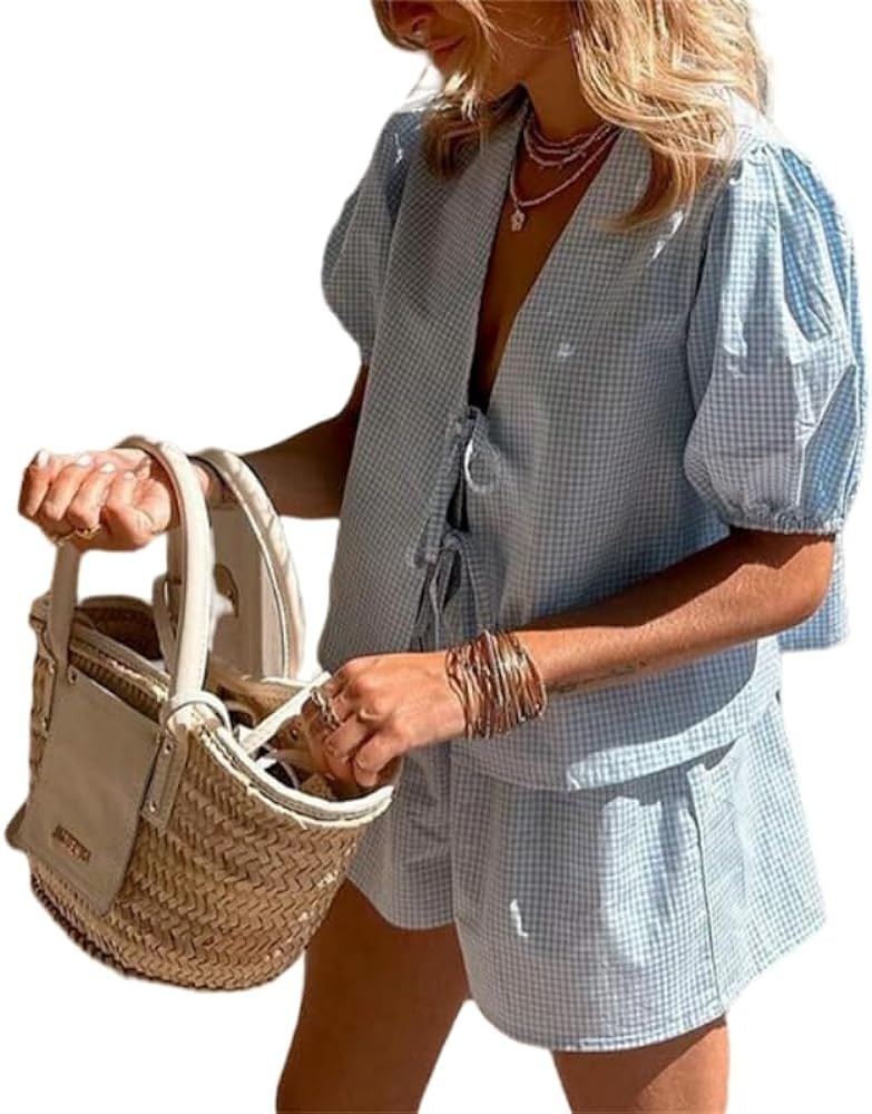 Yuemengxuan Women Y2k Peplum Shirt Shorts Set Two Piece Lounge Set Pajamas Sets Puff Sleeve Tie F... | Amazon (US)