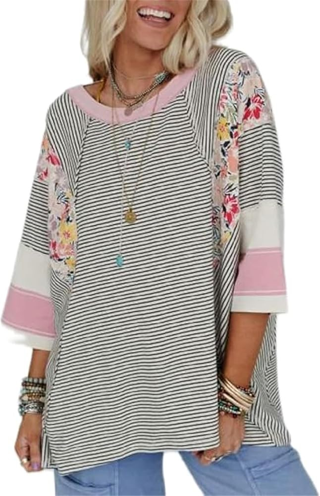 Women's Patchwork Crewneck Shirts 3/4 Length Sleeve Y2K Floral Striped Oversized Baggy Tee Trendy... | Amazon (US)