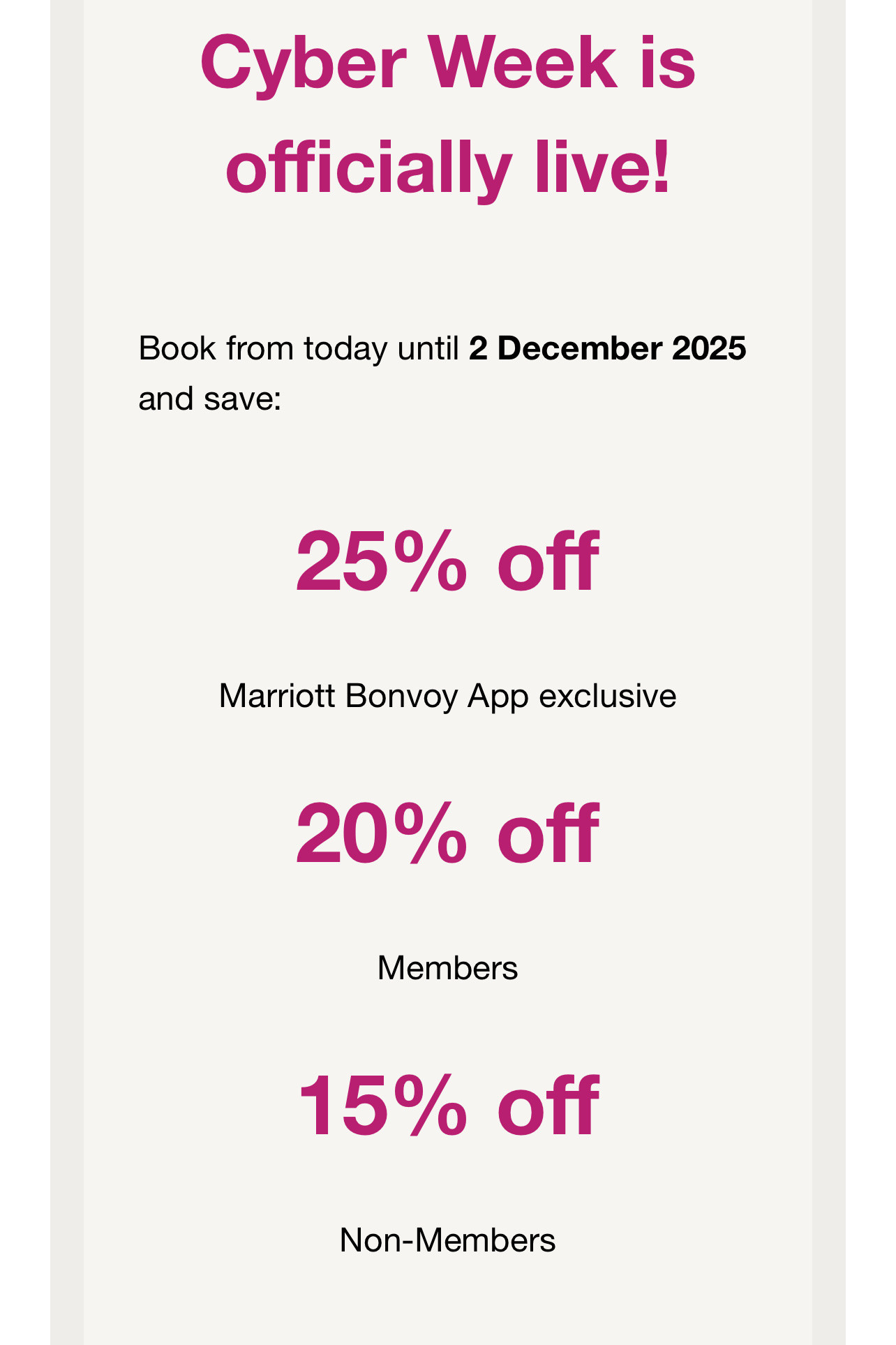 #BlackFriday savings this week at #Marriott Hotels ! This year’s offer includes up to 25% off stays between 30 November 2025 and 22 February 2026. Details below. bit.ly/47M16ck  #travel #cyberweek #SponsoredPost 

#LTKHoliday #LTKCyberWeek #LTKTravel