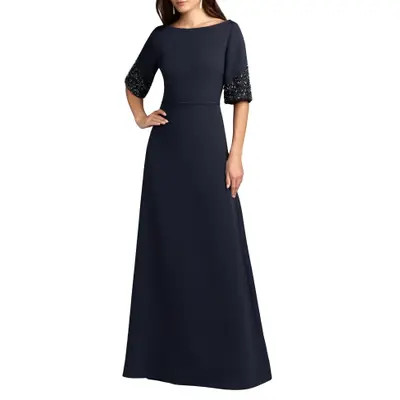 Mac Duggal Women's Embellished Sleeve Crepe A-Line Gown in Midnight at Nordstrom, Size 16 | Nordstrom