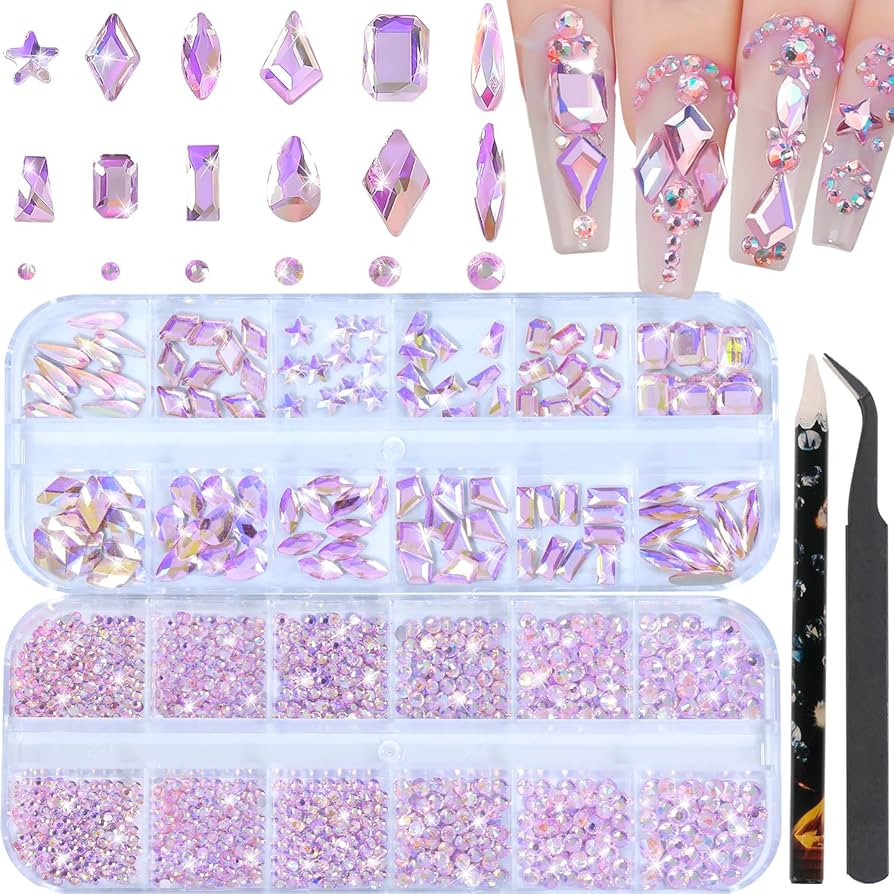 Nail Rhinestones - 3D Multi Shape Size, Flat Back, Crystals Manicure Rhinestones Charms, Pink AB ... | Amazon (US)