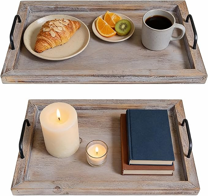 Besti Rustic Vintage Food Serving Trays (Set of 2) | Nesting Wooden Board with Metal Handles | St... | Amazon (US)