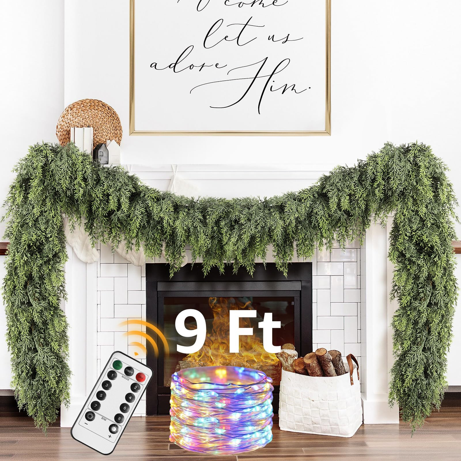 Cedar Christmas Garland with Lights for Mantle - Decorations 9ft Realistic Lighted Faux Pine Garl... | Amazon (US)