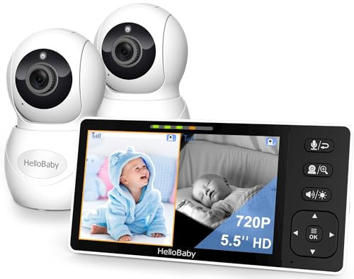HelloBaby Baby Monitor with 2 Cameras, 5.5" 720P HD No WiFi Audio Display Split Screen, Dual 1080P Cameras, Pan-Tilt-Zoom, 2-Way Talk, Night Vision, 4000mAh Battery, Clock & Timer, Wide View | Amazon (US)