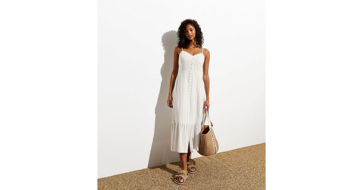 White Pinstripe Print Strappy Midi Dress  | New Look | New Look (UK)