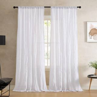 Charter Off-White Faux Linen Solid 50 in. W x 96 in. L Easy Care Rod Pocket Indoor Sheer Curtain (Set of 2 Panels) | The Home Depot