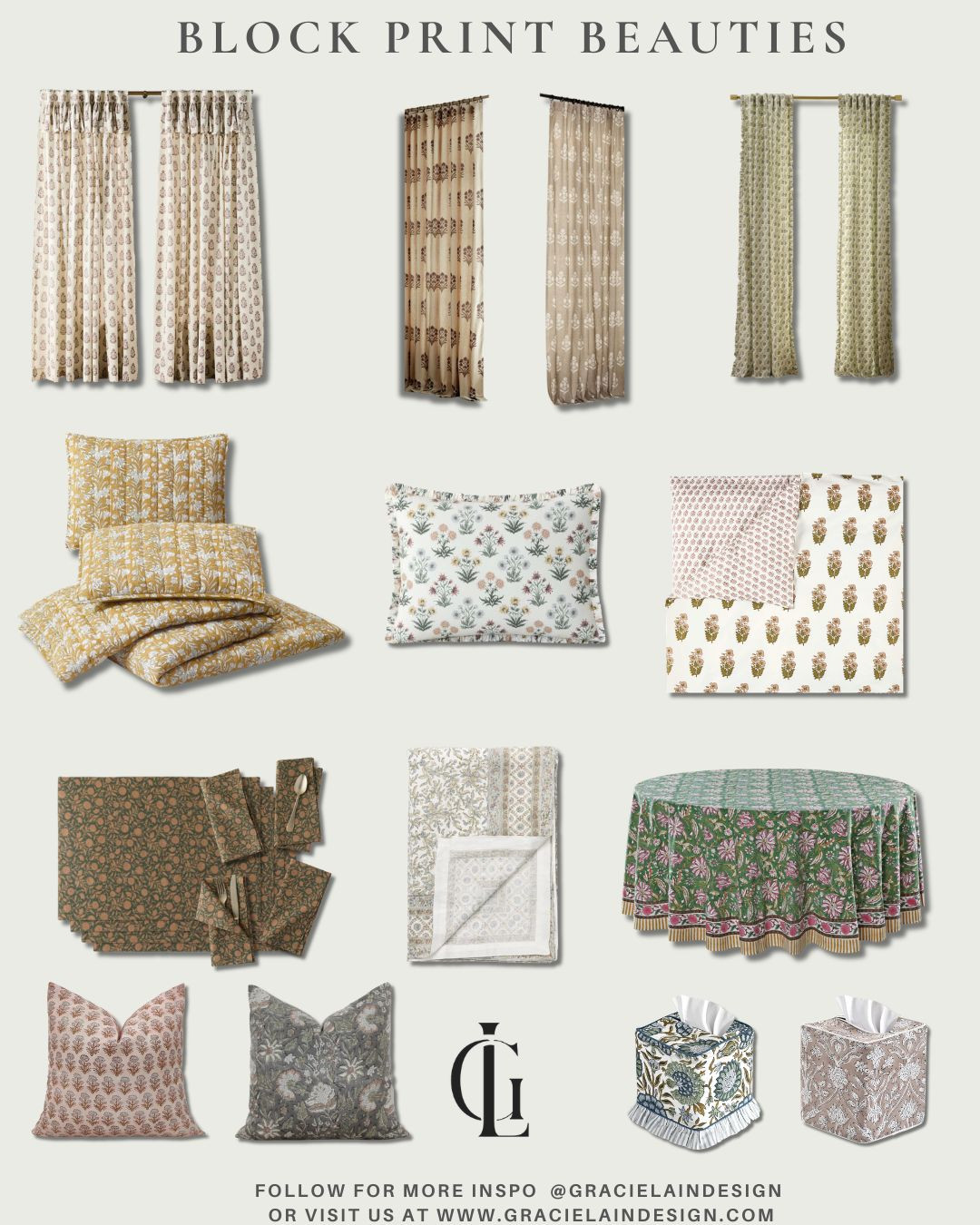 There’s something about block print that instantly makes a space feel collected, layered, and full of character. From pillow covers and table linens to bedding, drapery, and even the prettiest tissue box covers, these timeless patterns add color, texture, and depth to every corner of your home.
This is just a small sampling of the beautiful block print pieces out there to help you tell your home's story. Mix, layer, and let these artisan-inspired prints bring warmth and effortless style to both everyday spaces and the little details.
Shop this roundup and discover even more inspiration at gracielaindesign.com.
#LTKHome #BlockPrint #HomeDecor #InteriorDesign #LayeredLiving #CollectedHome #ColorfulInteriors #PatternPlay #TableLinens #ThrowPillows #BeddingStyle #WindowTreatments #HomeStyling #TraditionalHome #ModernTraditional #ArtisanStyle #TimelessDesign #GracielainDesign 

 #LTKHome #LTKSaleAlert