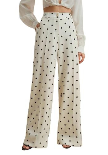 Sezhgswd Women's Polka Dot Wide Leg Dress Pants High Waisted Straight Leg Pleated Palazzo Slacks Casual Bussiness Work Trousers Apricot | Amazon (US)