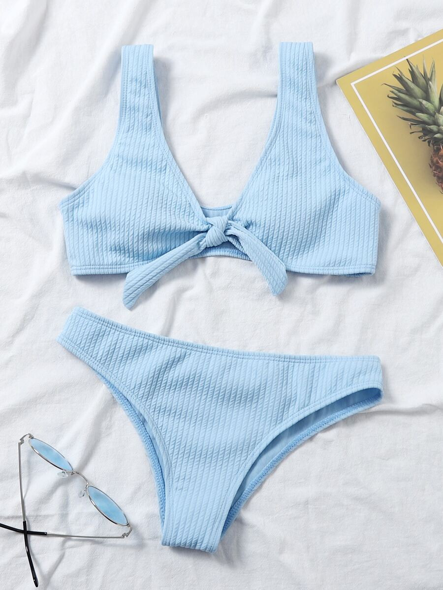 Textured Knot Front Bikini Swimsuit | SHEIN