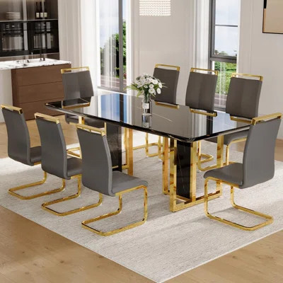 Dining Table Set, 78.7" Dining Table Set With Gold Plate Leg, Modern Kitchen Table And Chairs For Dinner Room,High Glossy,Sturdy Structure | Wayfair North America