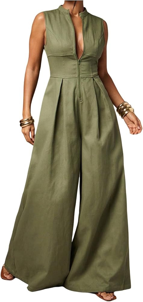 SOLY HUX Women's Zipper Front Wide Leg Jumpsuit Summer Mock Neck Sleeveless Elegant Romper | Amazon (US)