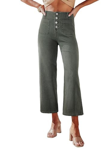 Sidefeel Women's Wide Leg Jeans High Waisted Stretchy Straight Leg Jeans Buttoned Loose Denim Pants with Pocket Green Size 18 | Amazon (US)