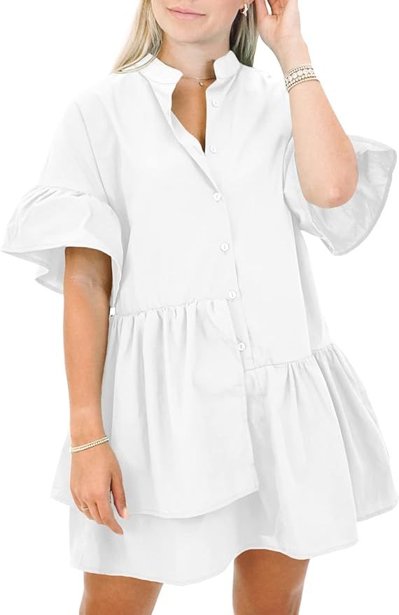 Amazon.com: Teurkia Women’s Summer Ruffled Dress Puff Sleeves Button Down Swing Shirt Dresses :... | Amazon (US)