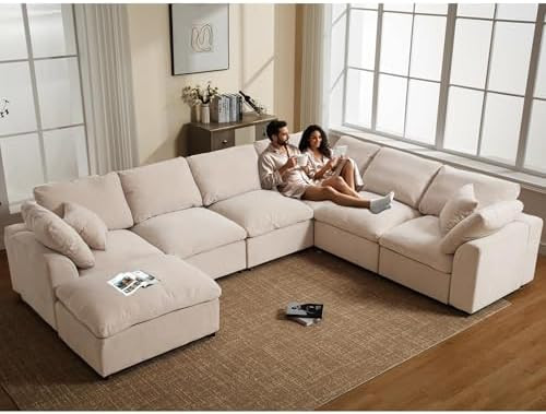 Oversized Modular Sectional Sofa, 7 Seater Cloud Couch with Ottoman | 130" Beige, Large U Shaped ... | Amazon (US)