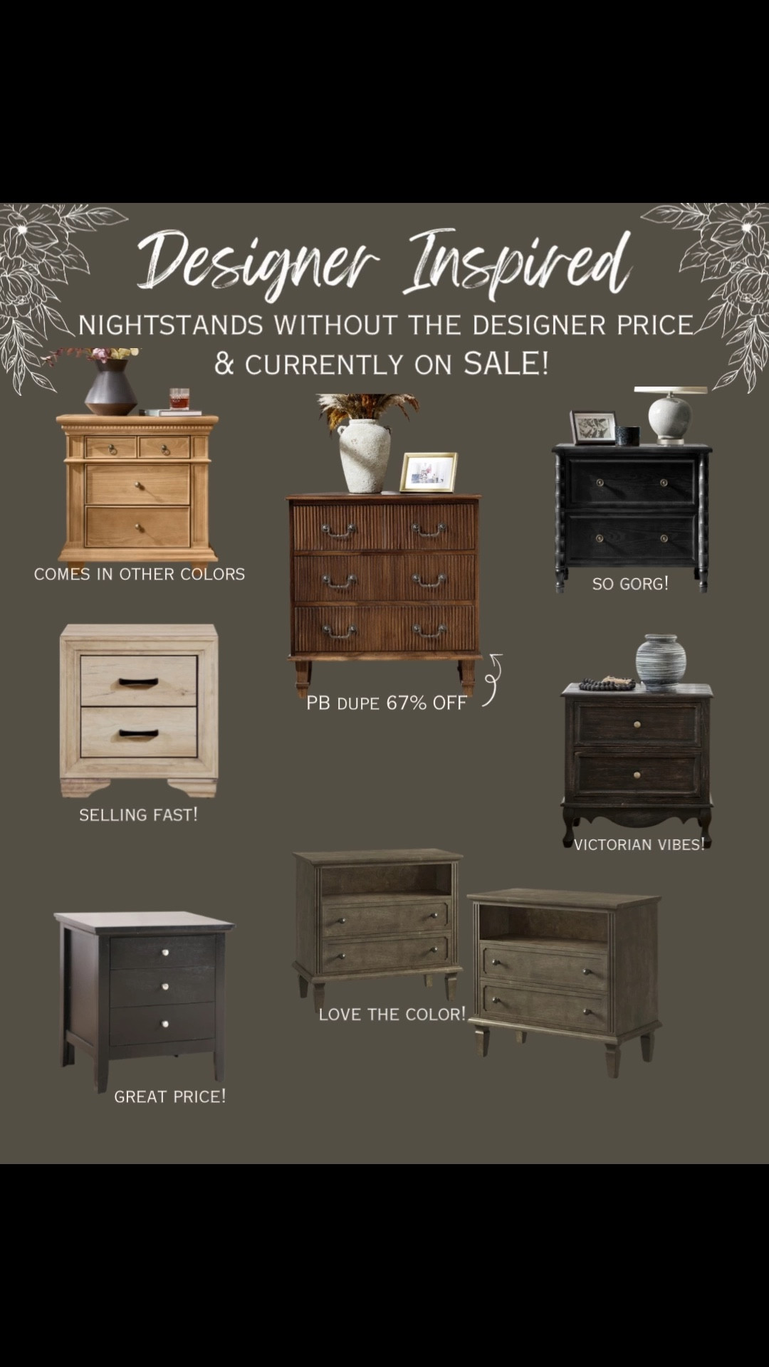 Affordable nightstands + they are on sale too! Many of them are Pottery Barn and Arhaus looks for less! I absolutely love all the picks! Definitely worth checking out if you are looking for new nightstands😉 nightstand, nightstands, black nightstands, bedroom nightstands, side tables, accent table, affordable nightstands, farmhouse nightstands, farmhouse bedroom, transitional modern home, transitional bedroom 

#LTKHome #LTKSaleAlert #LTKvlog