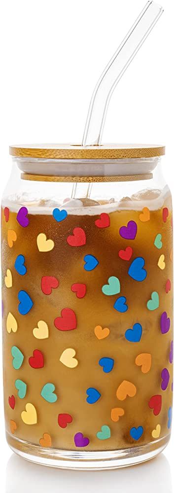 16oz Can Shaped Glass with Bamboo Lid and Glass Straw | Color Changing Iced Coffee Cup with Lid a... | Amazon (US)