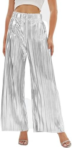 heipeiwa Women's Shiny Pleated Wide Leg Pants Party Nightout High Waist Trouser Folded Lightweigh... | Amazon (US)