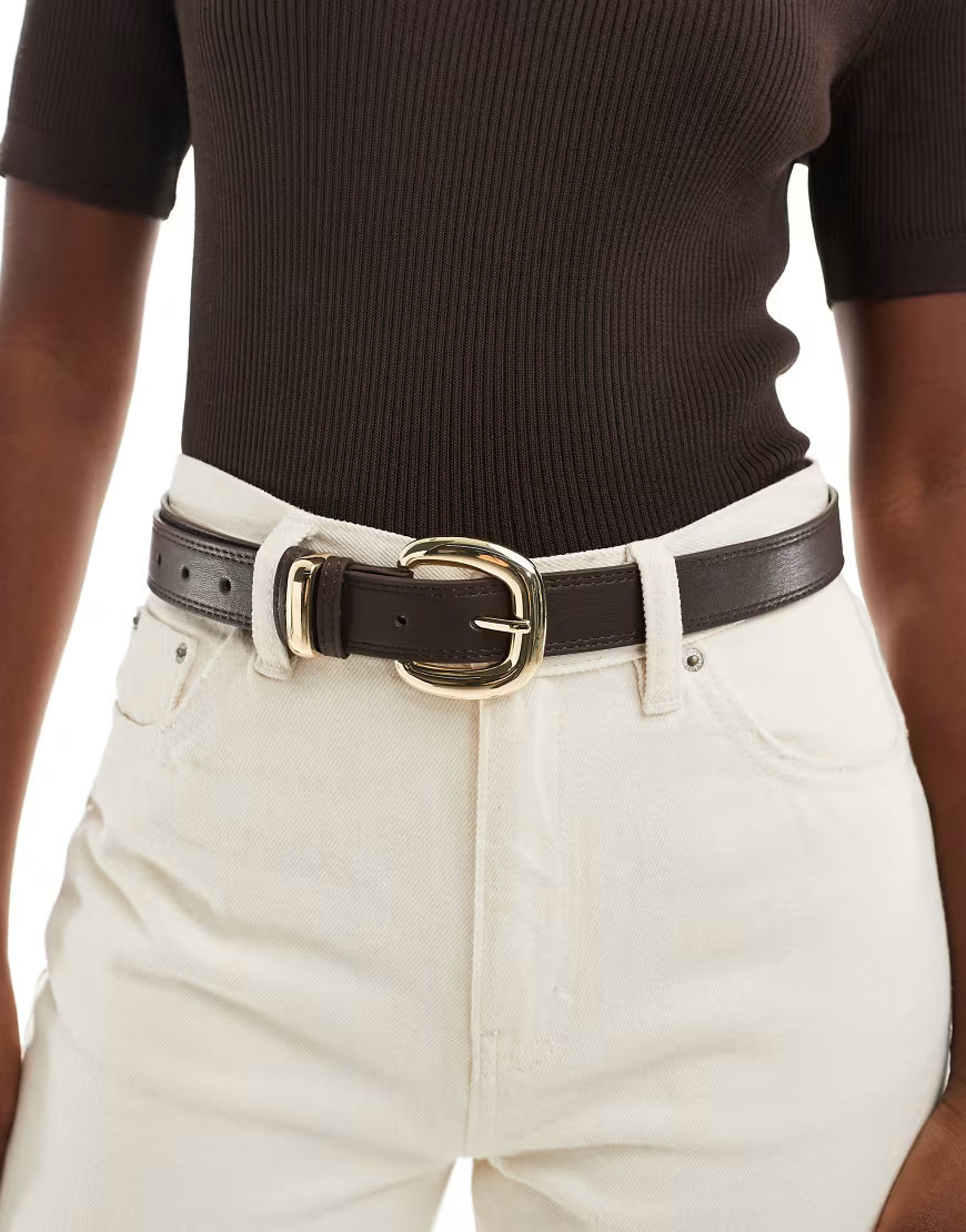 Pieces large gold buckle belt in brown | ASOS (Global)