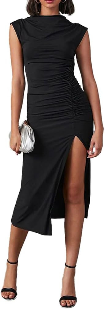 Womens Summer Cap Sleeve Dress Mock Neck Knit Midi Bodycon Dress High Slit Ruched Dresses Sexy Co... | Amazon (US)