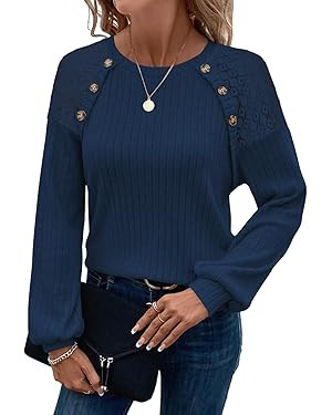 Poetsky Women's Long Sleeve Tunic Tops Casual Crew Neck Dressy Shirts Lace Patchwork Blouses Pull... | Amazon (US)