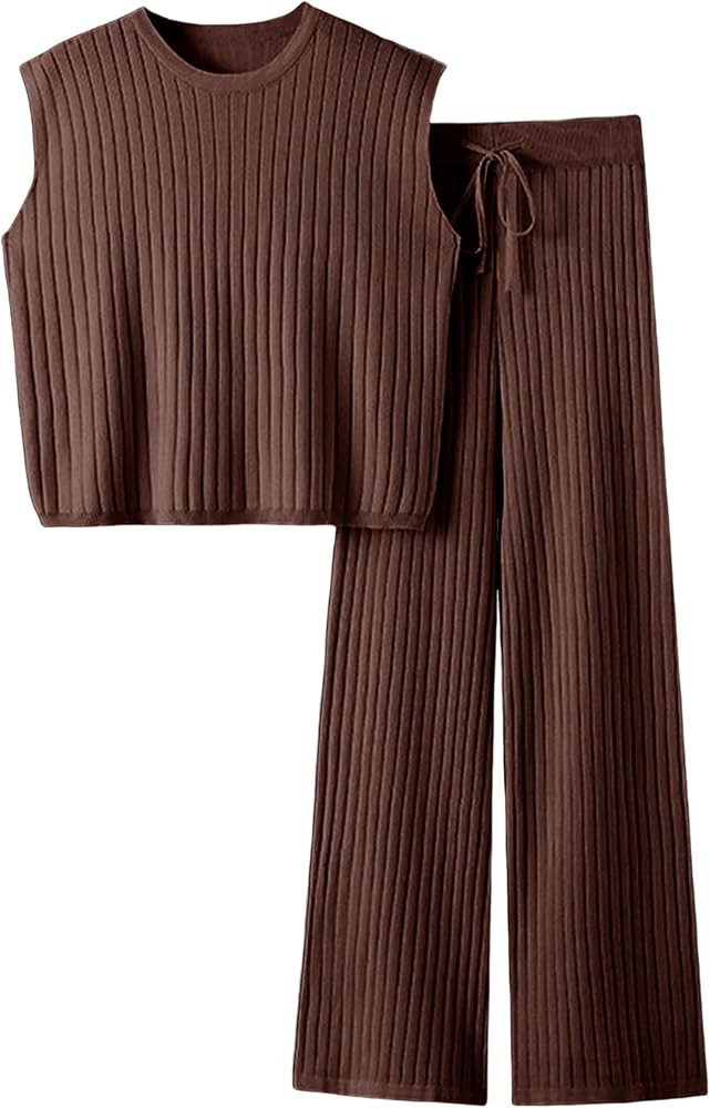 2 Piece Outfits Sweater Sets Knit Sleeveless Pullover Top High Waisted Pants Tracksuits for Women | Amazon (US)