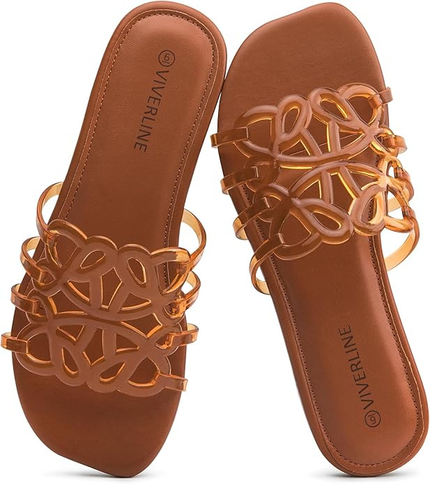 Womens Jelly Flat Sandals - Clear Hollow Slip On Slippers with Open Toe - Breathable Fashion Beac... | Amazon (US)