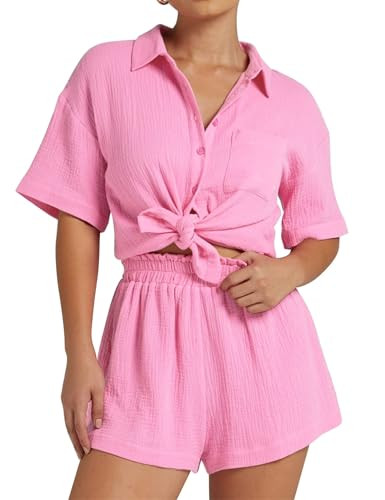 Flygo Womens Casual 2 Piece Outfits Cotton Linen Sets Button Down Shirt Shorts Resort Wear 2025 P... | Amazon (US)